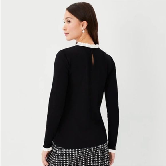 Ann Taylor 2P Black White Ruffle Trim Top - Picture 2 of 3
